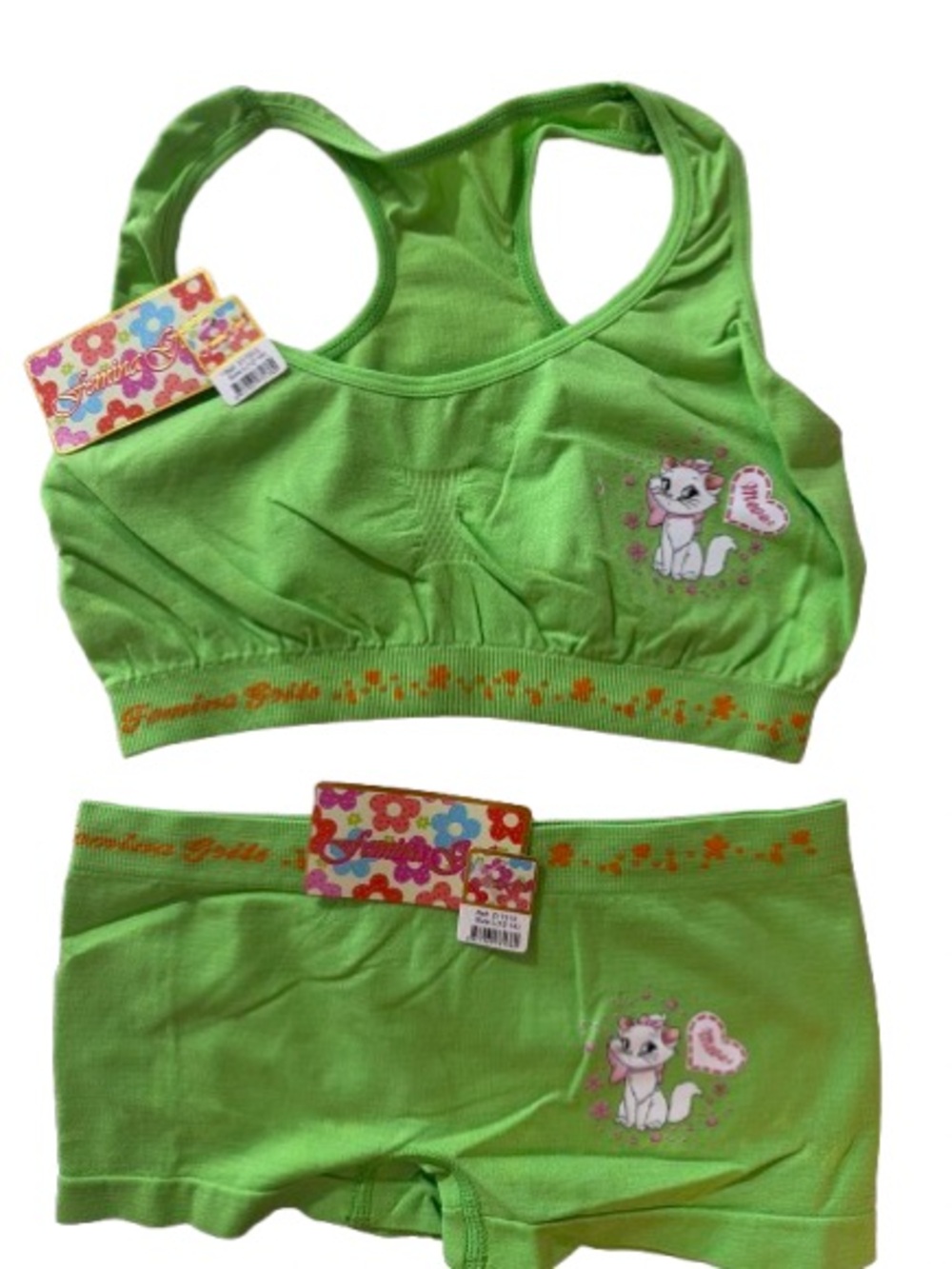 Femina Girls' Seamless Green with Cat Print 2 piece Bra & Underwear Set L 12-14
